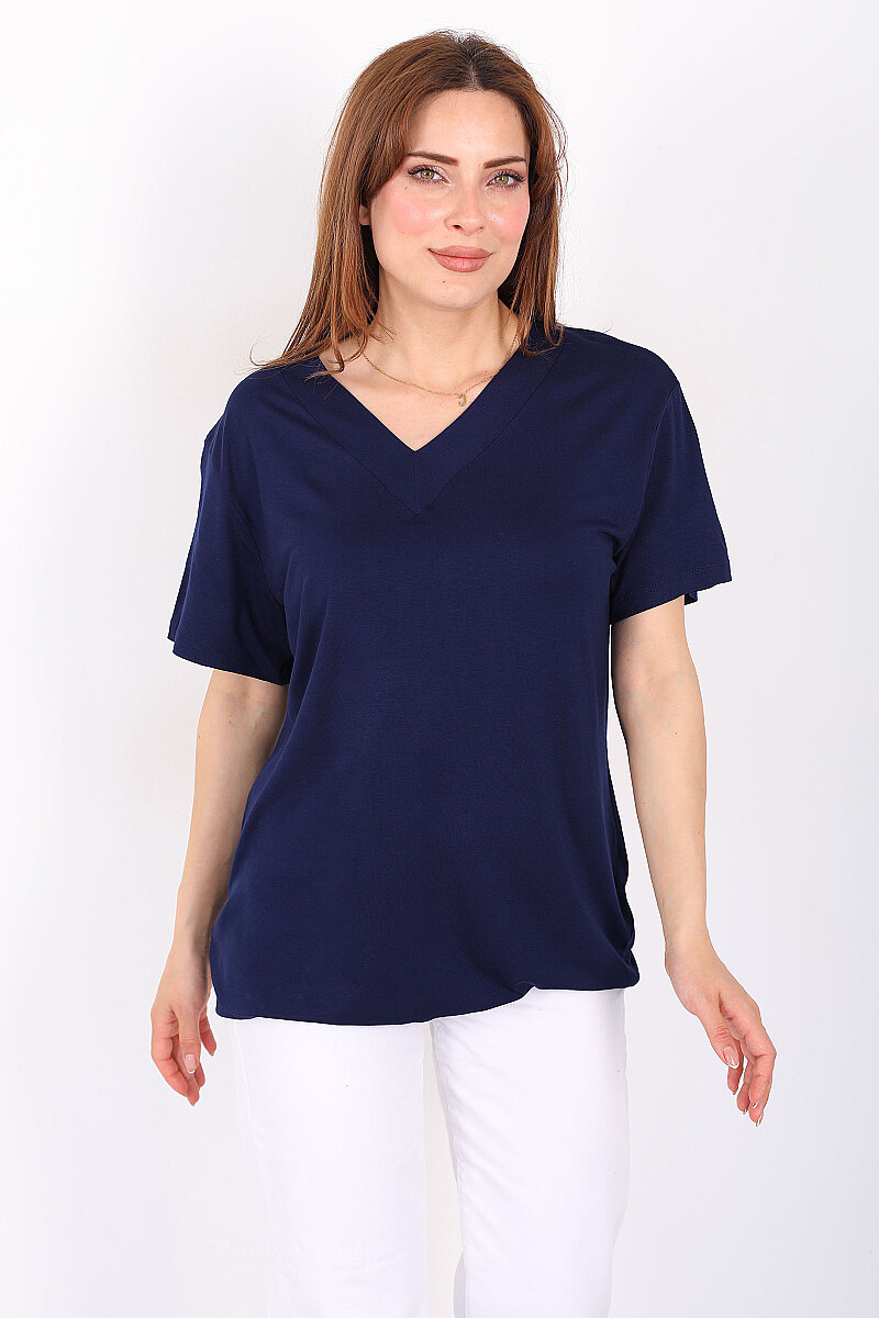 Kalın V-Yaka Kısa Kol Lacivert Kadın Oversize T-Shirt - 1