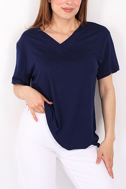Kalın V-Yaka Kısa Kol Lacivert Kadın Oversize T-Shirt - Berox (1)