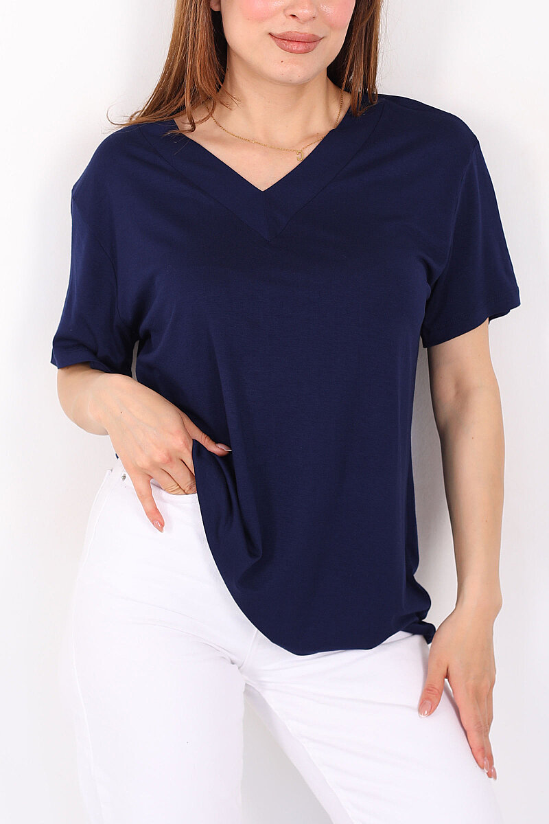 Kalın V-Yaka Kısa Kol Lacivert Kadın Oversize T-Shirt - 2