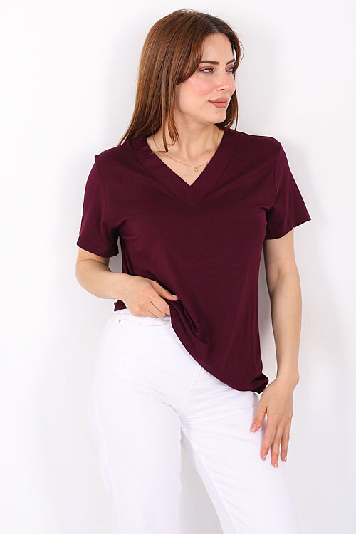Kalın V-Yaka Kısa Kol Mürdüm Kadın Oversize T-Shirt - 3