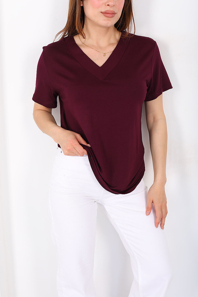 Kalın V-Yaka Kısa Kol Mürdüm Kadın Oversize T-Shirt - 2