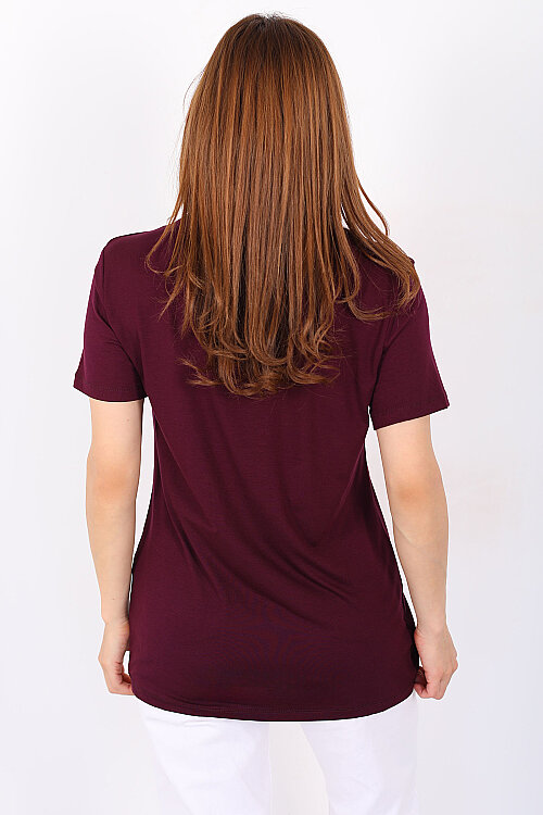 Kalın V-Yaka Kısa Kol Mürdüm Kadın Oversize T-Shirt - 4