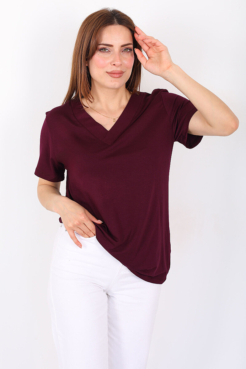 Kalın V-Yaka Kısa Kol Mürdüm Kadın Oversize T-Shirt - 1