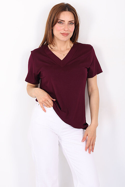 Kalın V-Yaka Kısa Kol Mürdüm Kadın Oversize T-Shirt - 5