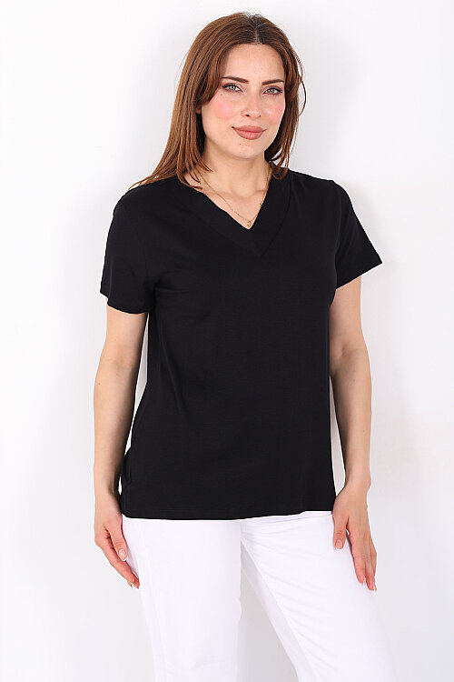 Kalın V-Yaka Kısa Kol Siyah Kadın Oversize T-Shirt - 5