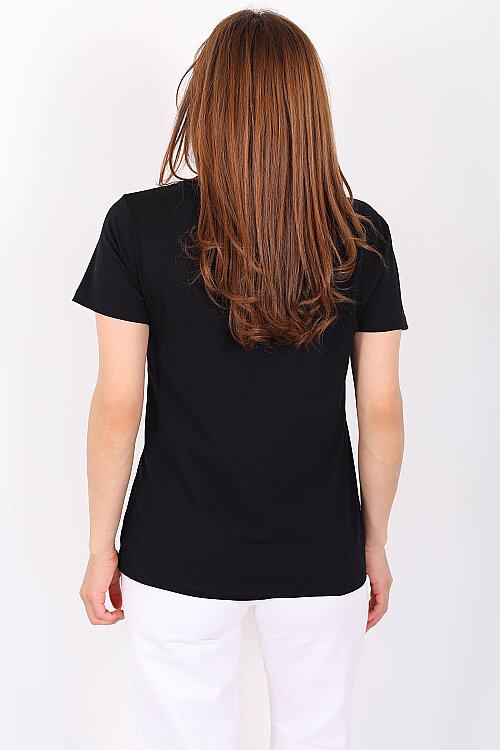Kalın V-Yaka Kısa Kol Siyah Kadın Oversize T-Shirt - Berox (1)