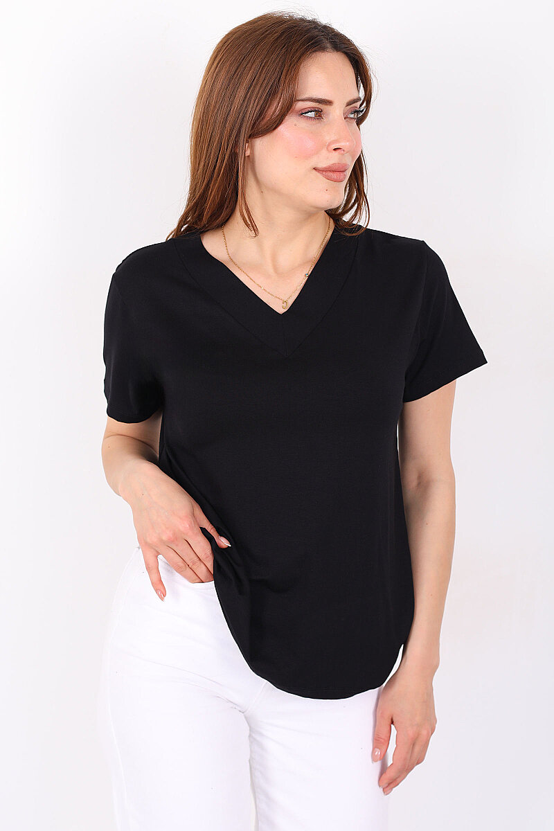 Kalın V-Yaka Kısa Kol Siyah Kadın Oversize T-Shirt - 1