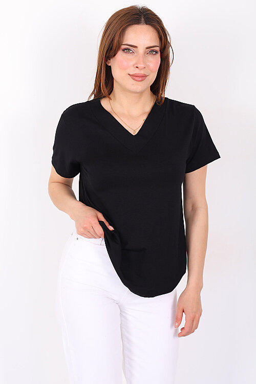 Kalın V-Yaka Kısa Kol Siyah Kadın Oversize T-Shirt - 4