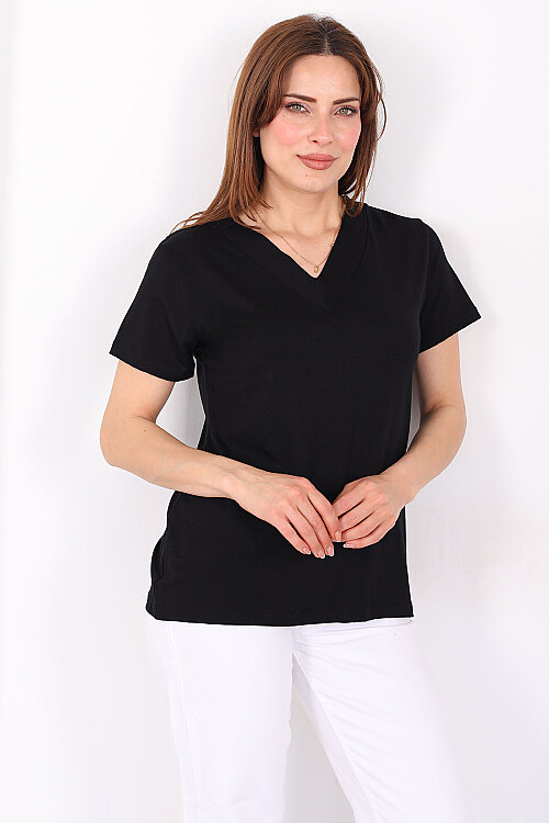 Kalın V-Yaka Kısa Kol Siyah Kadın Oversize T-Shirt - 3