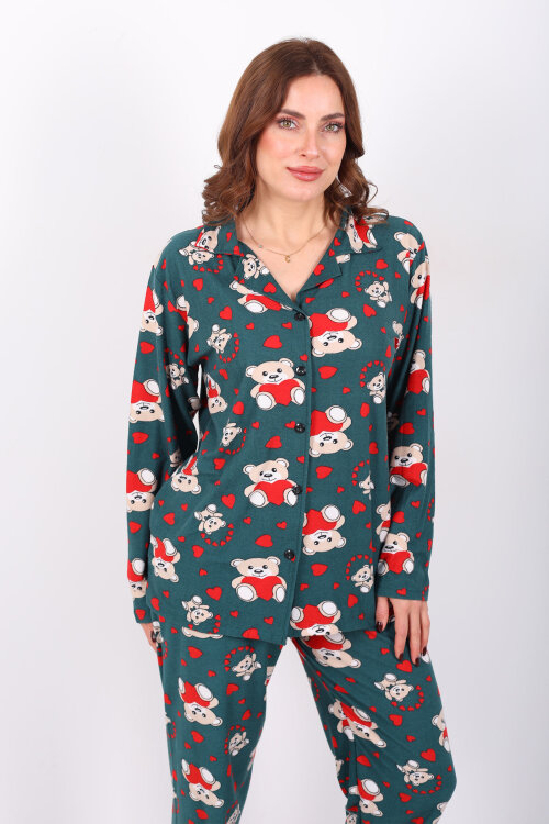 Kalp Ayıcık Desenli Haki Kadın Gömlek Pijama Takım - 3