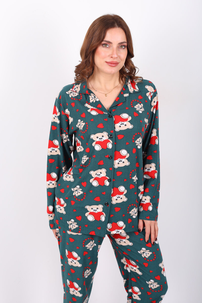 Kalp Ayıcık Desenli Haki Kadın Gömlek Pijama Takım - 3