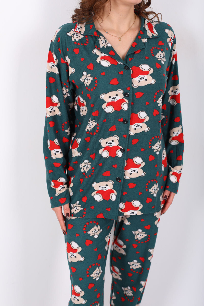 Kalp Ayıcık Desenli Haki Kadın Gömlek Pijama Takım - 2