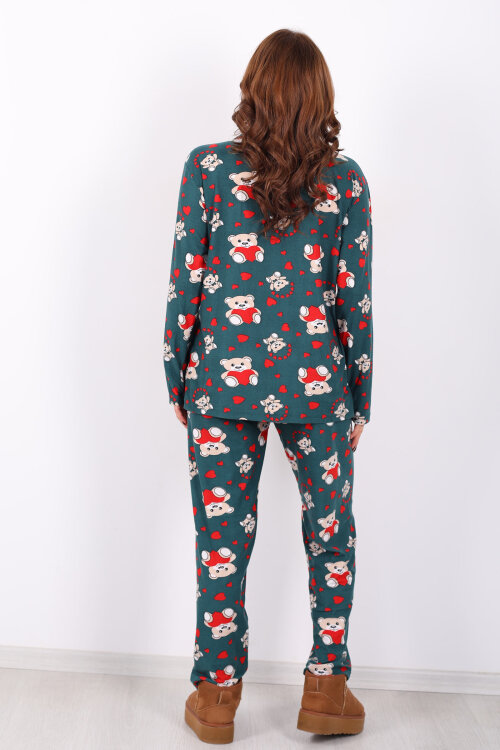 Kalp Ayıcık Desenli Haki Kadın Gömlek Pijama Takım - 5