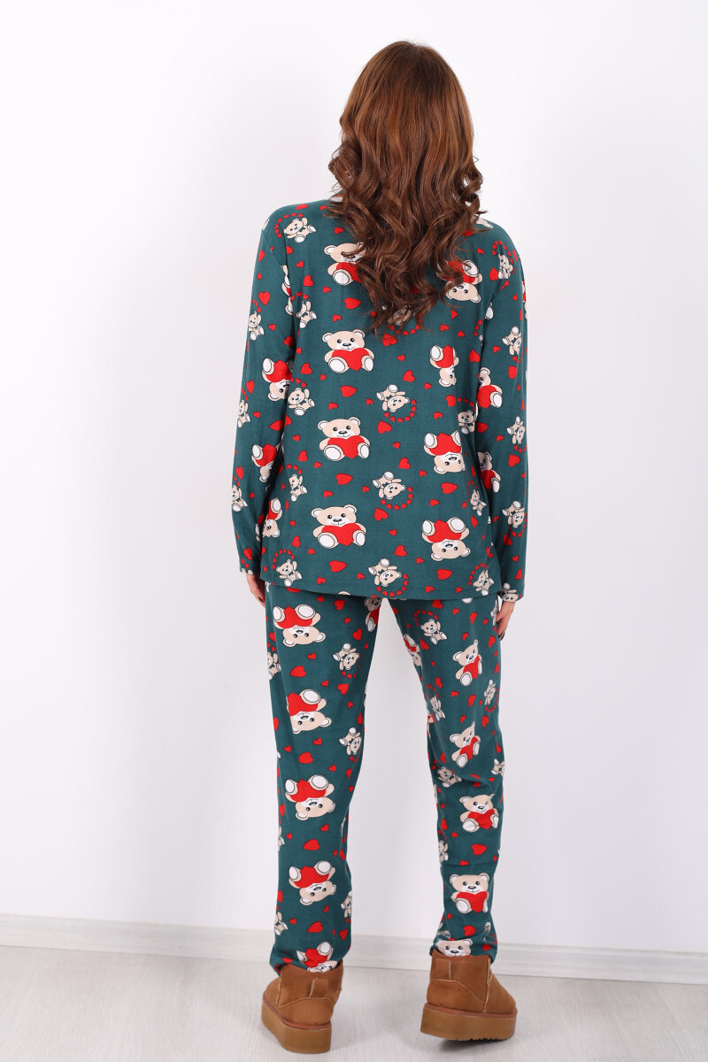 Kalp Ayıcık Desenli Haki Kadın Gömlek Pijama Takım - 5