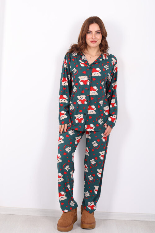 Kalp Ayıcık Desenli Haki Kadın Gömlek Pijama Takım - 4
