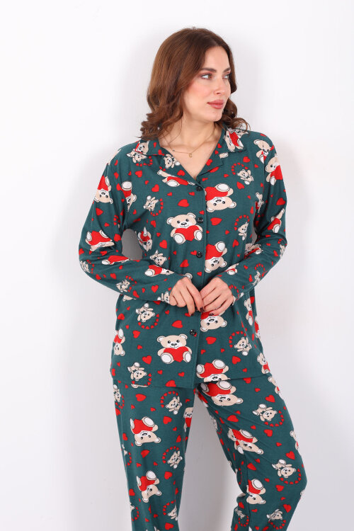 Kalp Ayıcık Desenli Haki Kadın Gömlek Pijama Takım - 6