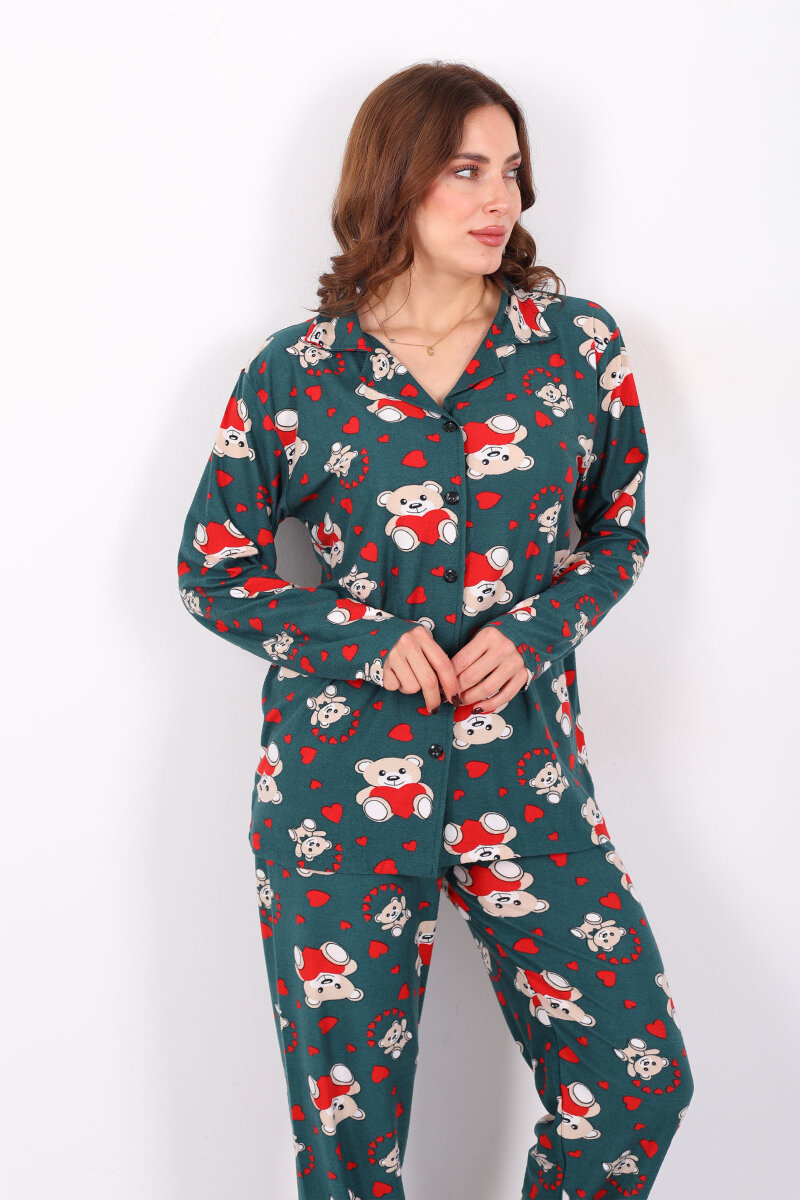 Kalp Ayıcık Desenli Haki Kadın Gömlek Pijama Takım - 6