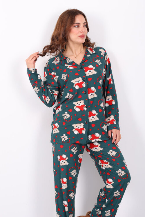 Kalp Ayıcık Desenli Haki Kadın Gömlek Pijama Takım - Berox