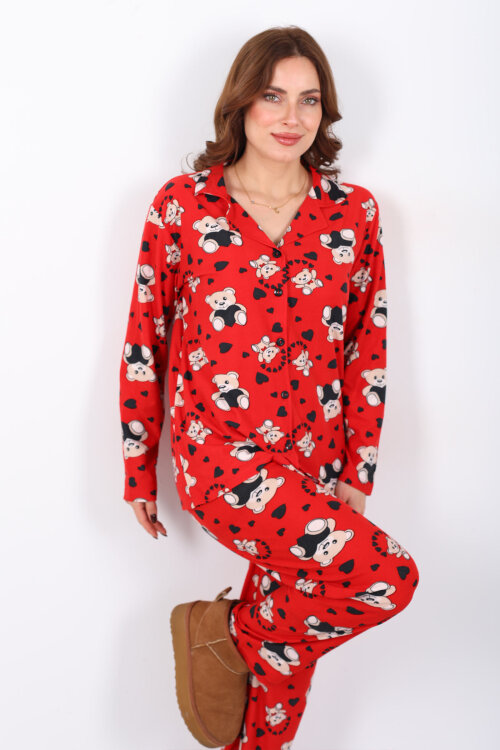 Kalp Ayıcık Desenli Kırmızı Kadın Gömlek Pijama Takım - Berox