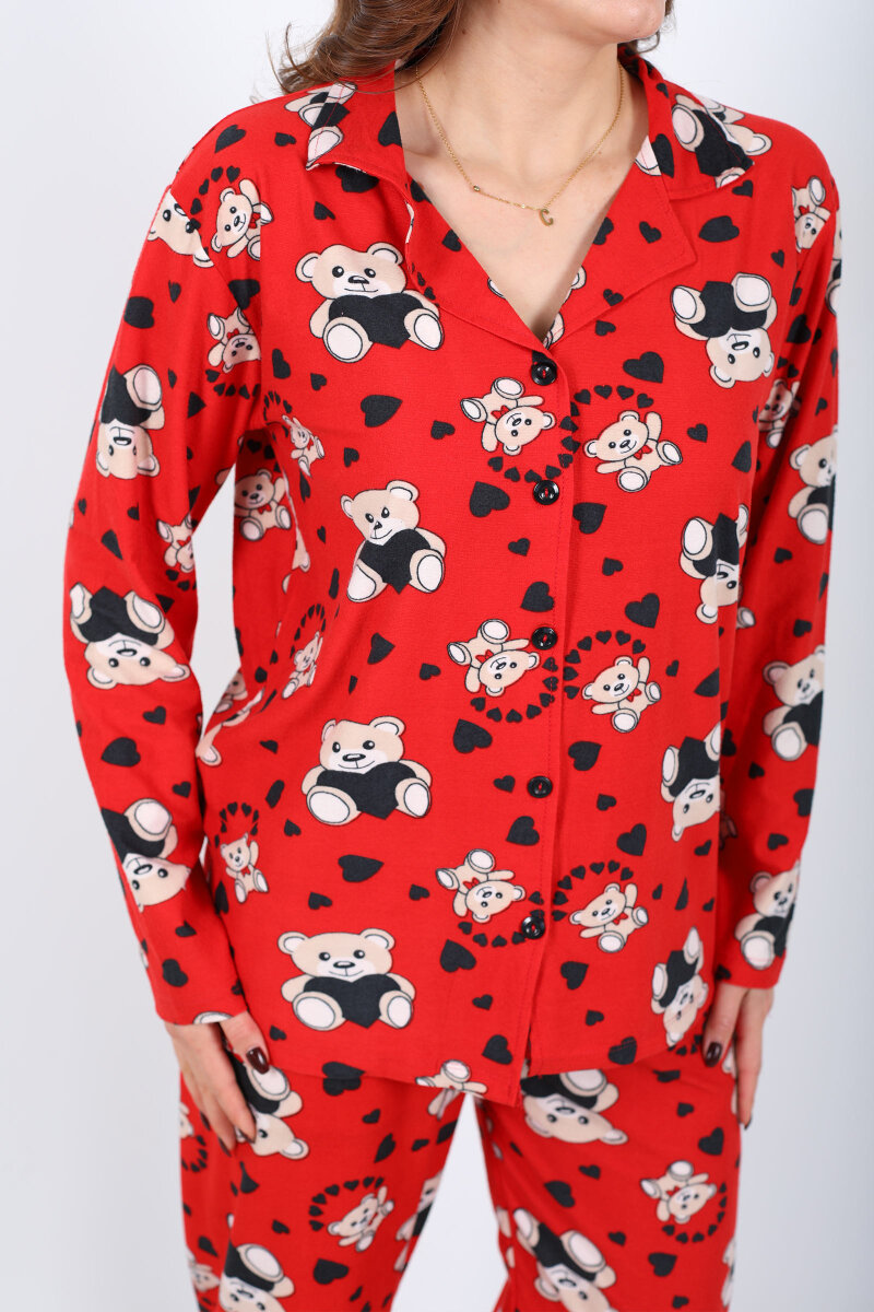 Kalp Ayıcık Desenli Kırmızı Kadın Gömlek Pijama Takım - 2