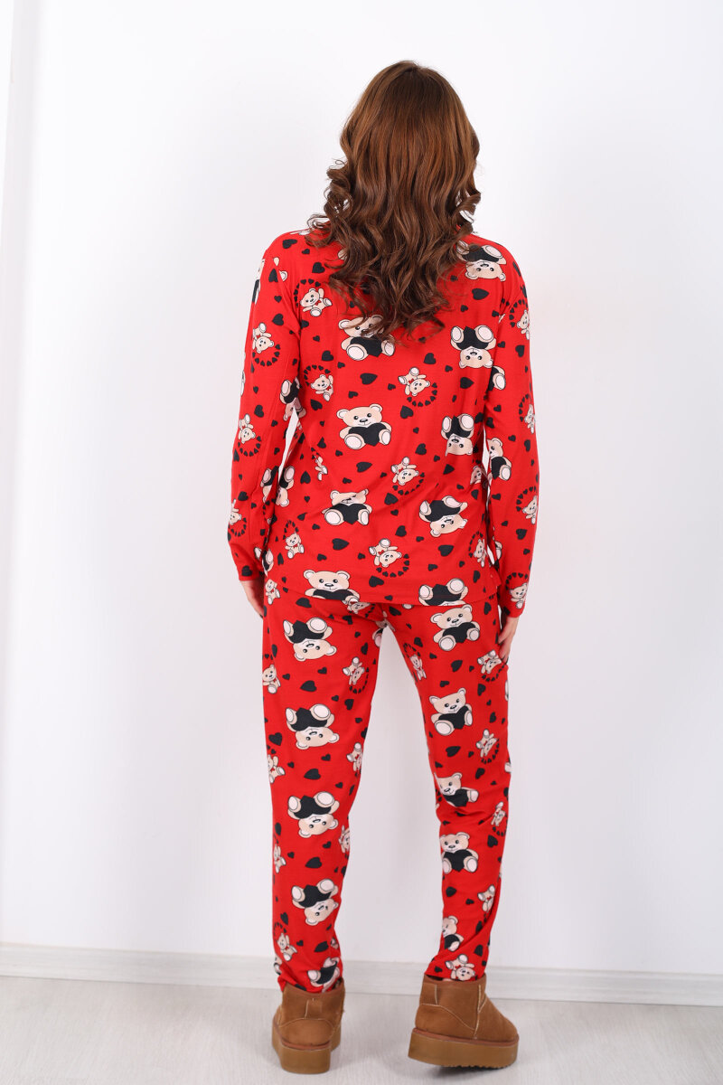 Kalp Ayıcık Desenli Kırmızı Kadın Gömlek Pijama Takım - 6