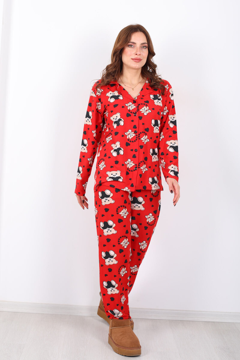 Kalp Ayıcık Desenli Kırmızı Kadın Gömlek Pijama Takım - 7