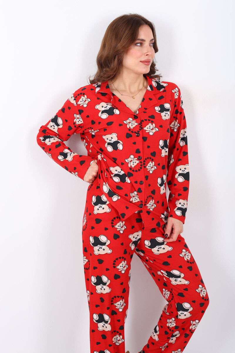 Kalp Ayıcık Desenli Kırmızı Kadın Gömlek Pijama Takım - 3