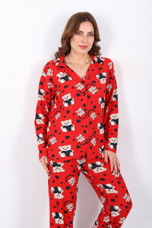 Kalp Ayıcık Desenli Kırmızı Kadın Gömlek Pijama Takım - 5