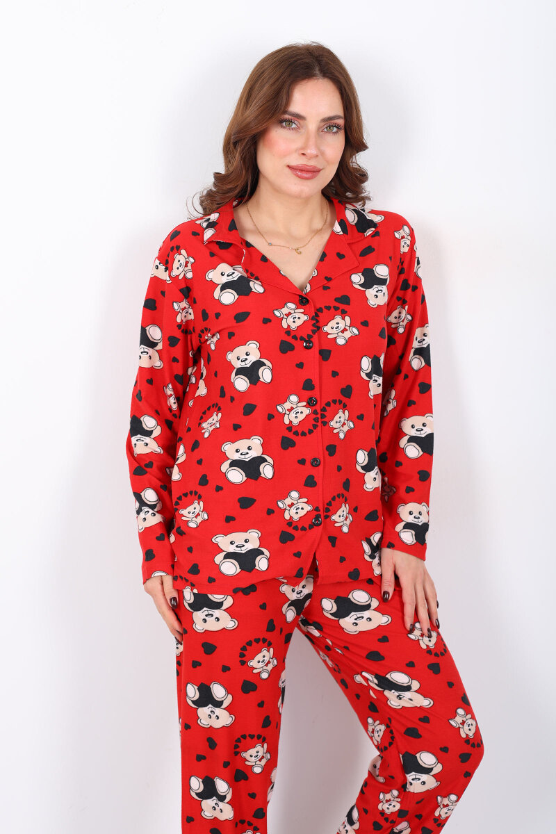 Kalp Ayıcık Desenli Kırmızı Kadın Gömlek Pijama Takım - 5