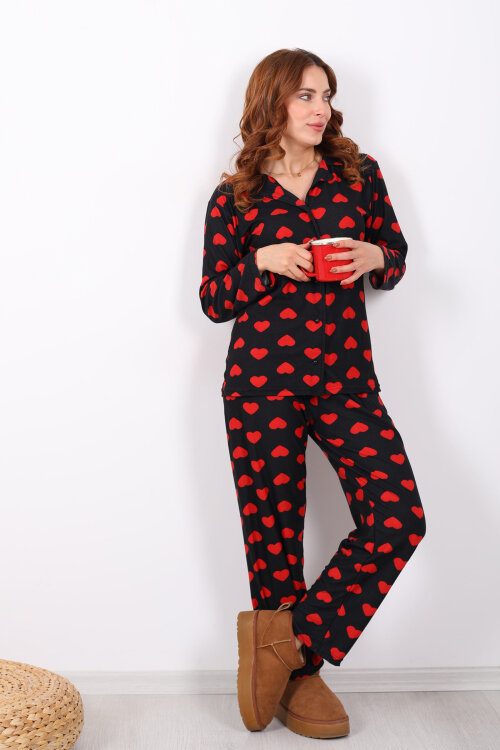 Kalp Desenli Siyah Kadın Yumoş Pijama Takım 