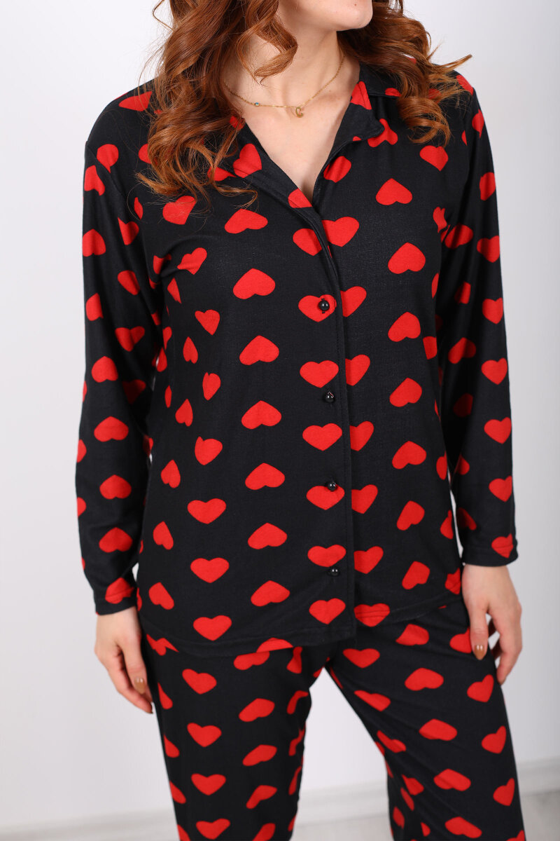 Kalp Desenli Siyah Kadın Yumoş Pijama Takım - 2