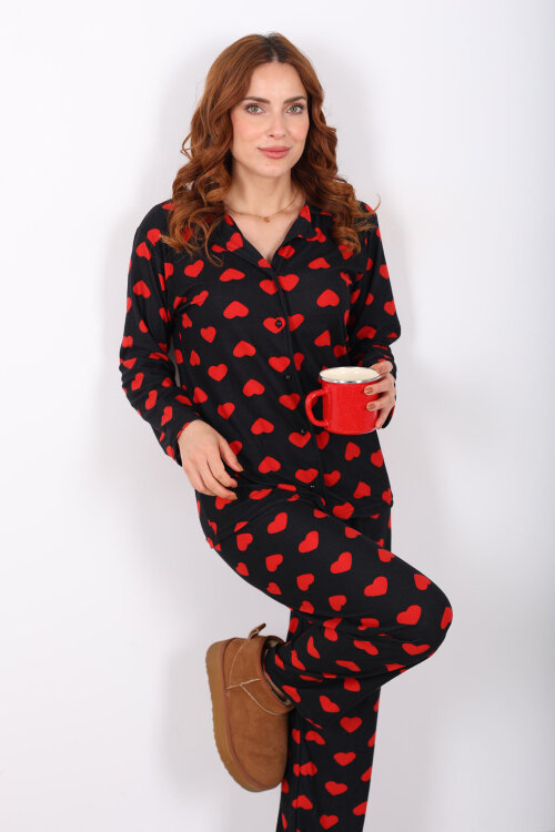 Kalp Desenli Siyah Kadın Yumoş Pijama Takım - 3