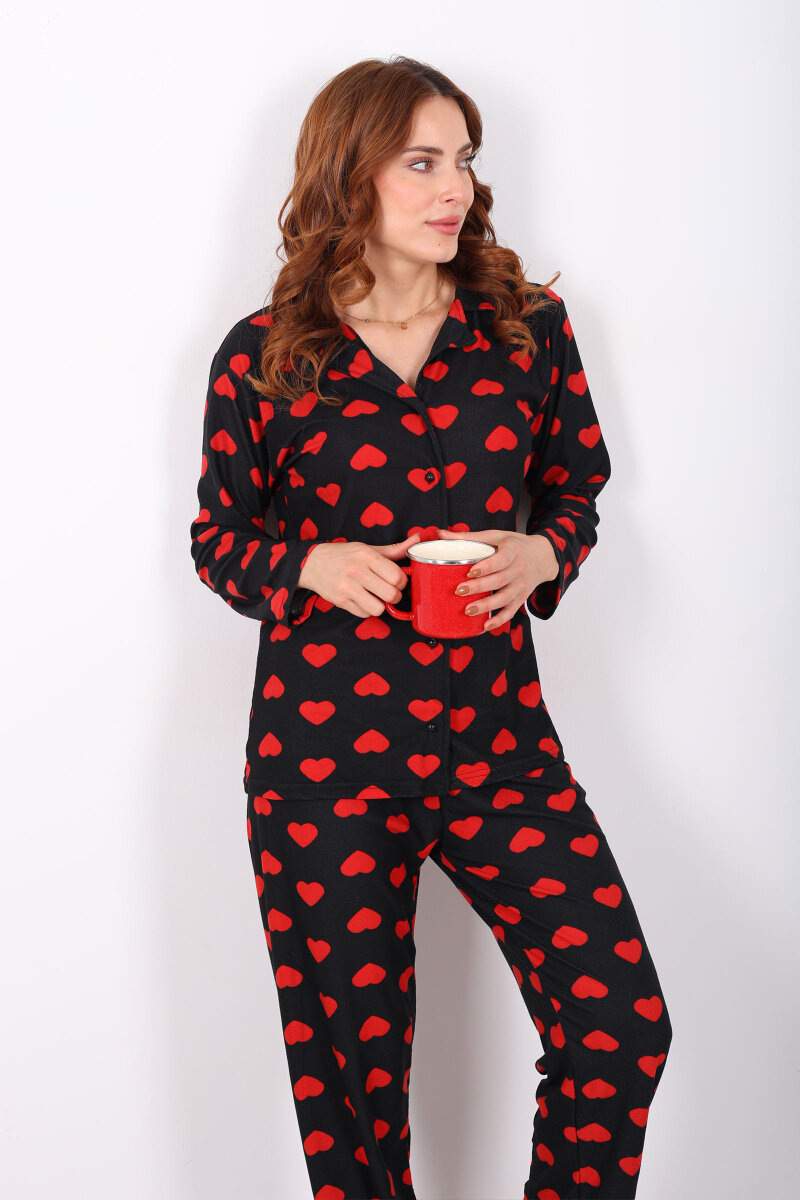 Kalp Desenli Siyah Kadın Yumoş Pijama Takım - 6