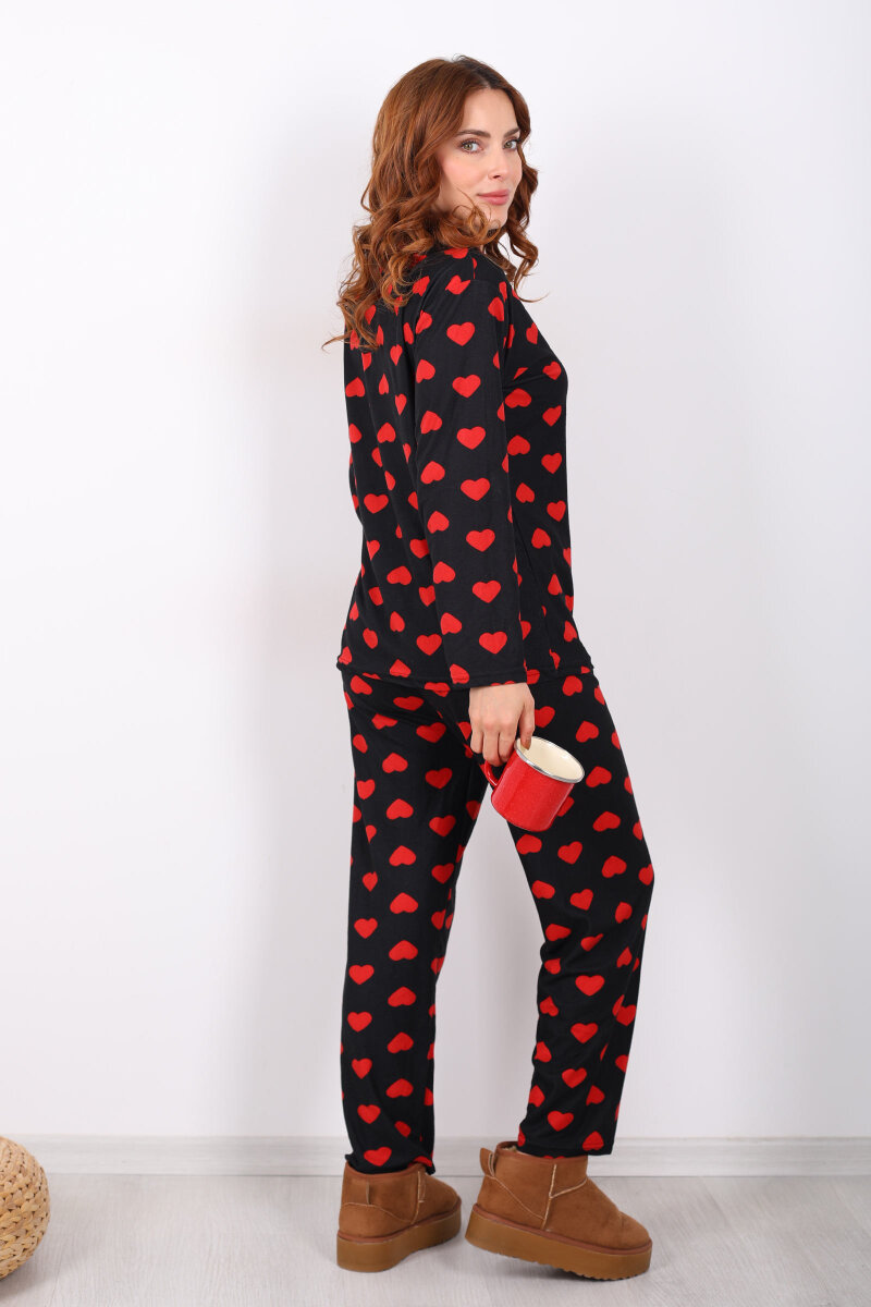 Kalp Desenli Siyah Kadın Yumoş Pijama Takım - 5