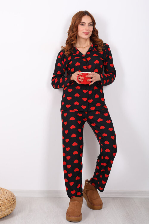 Kalp Desenli Siyah Kadın Yumoş Pijama Takım - 4