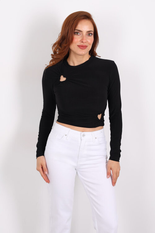 Kalp Detaylı Siyah Kadın Bluz - 3