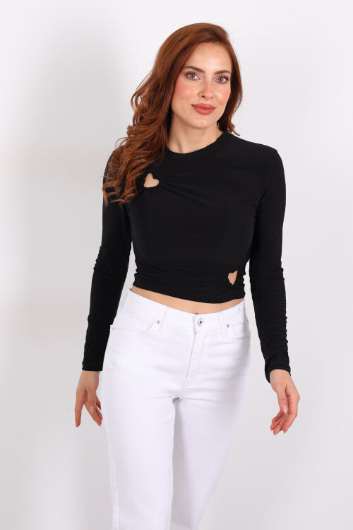 Kalp Detaylı Siyah Kadın Bluz - 4