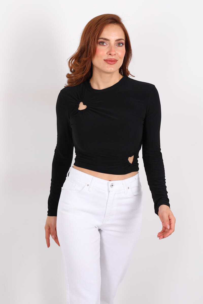 Kalp Detaylı Siyah Kadın Bluz - 1