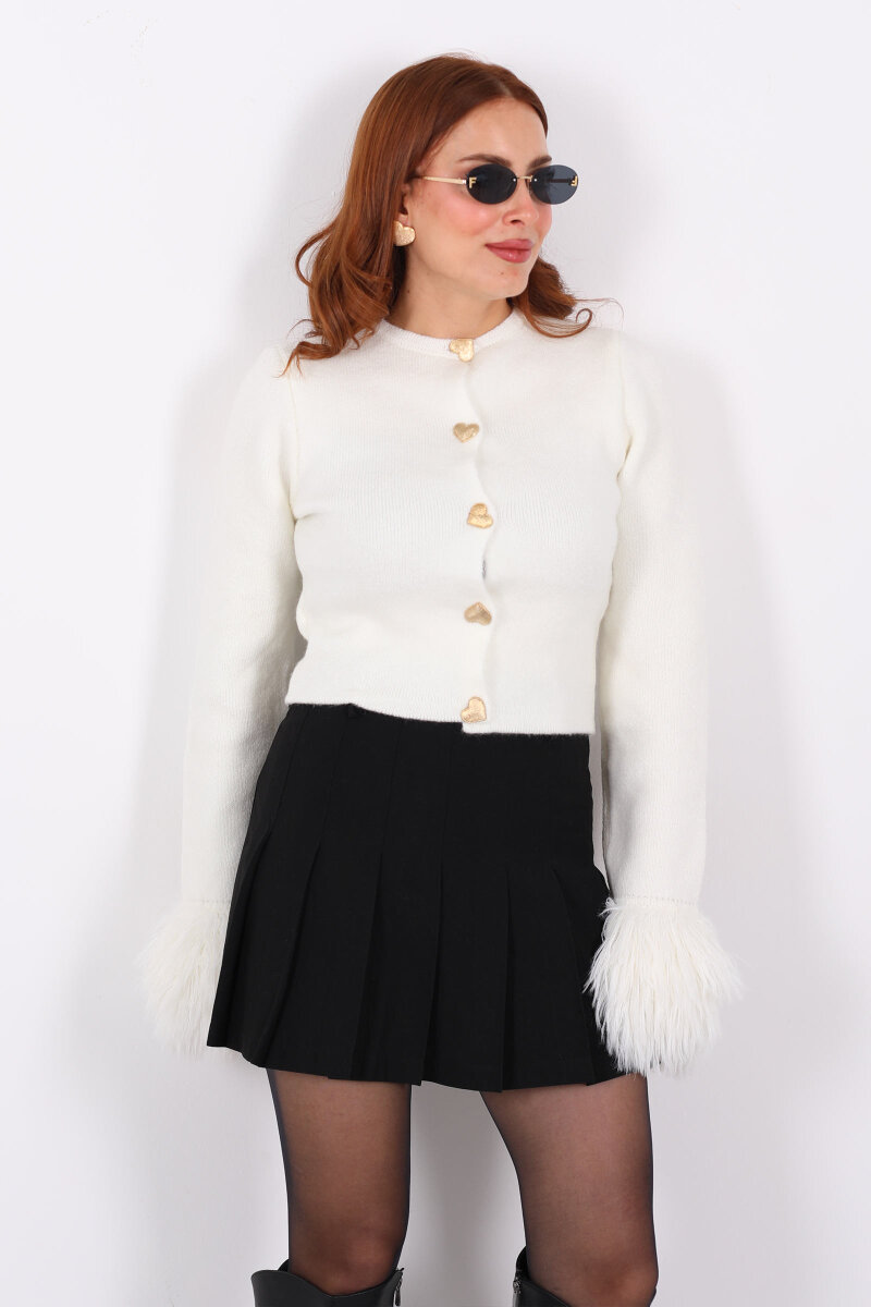Kalp Düğmeli Kolu Püsküllü Triko Beyaz Kadın Hırka - 5