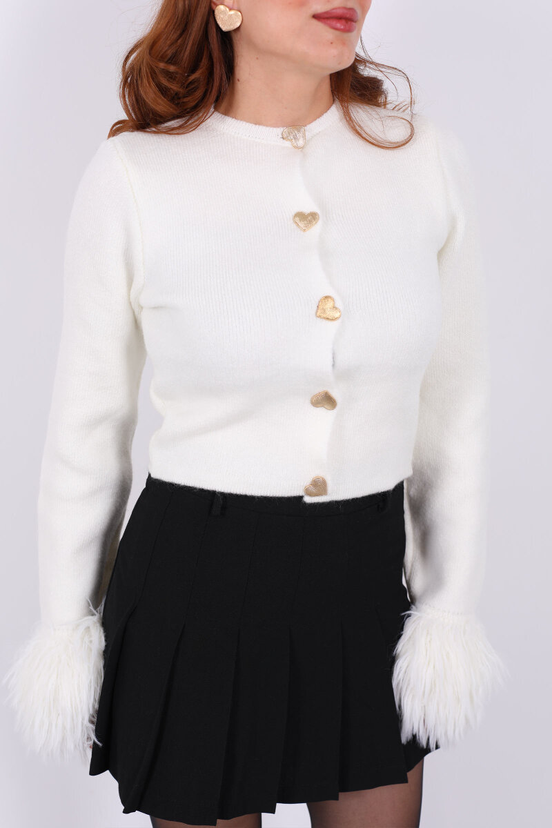 Kalp Düğmeli Kolu Püsküllü Triko Beyaz Kadın Hırka - 2