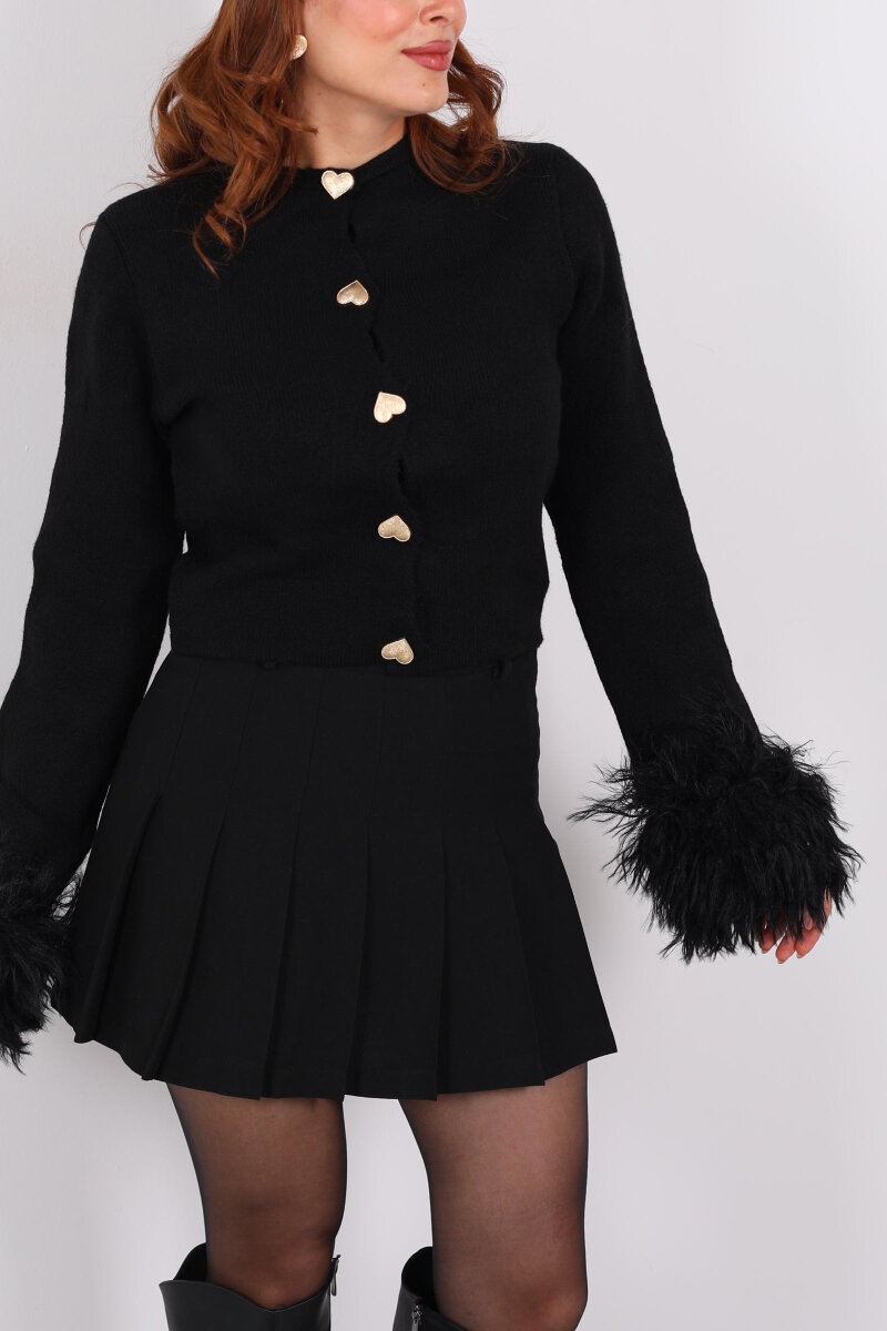 Kalp Düğmeli Kolu Püsküllü Triko Siyah Kadın Hırka - 2