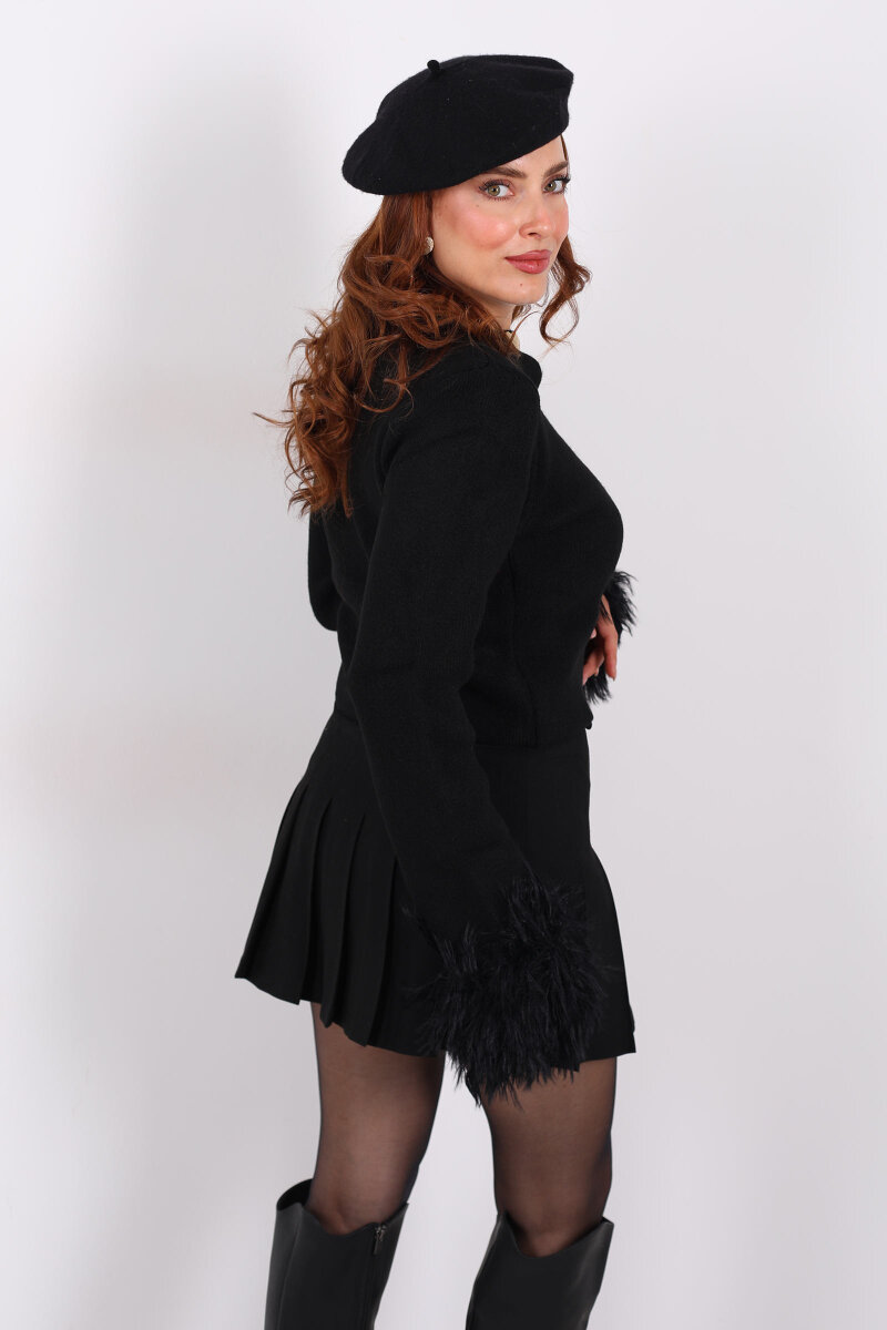 Kalp Düğmeli Kolu Püsküllü Triko Siyah Kadın Hırka - 7