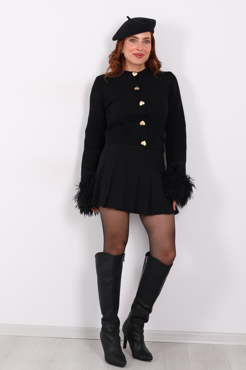 Kalp Düğmeli Kolu Püsküllü Triko Siyah Kadın Hırka - 3