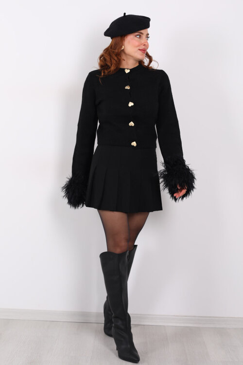 Kalp Düğmeli Kolu Püsküllü Triko Siyah Kadın Hırka - 5