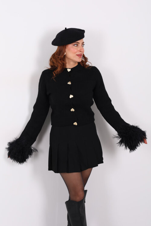 Kalp Düğmeli Kolu Püsküllü Triko Siyah Kadın Hırka - 8