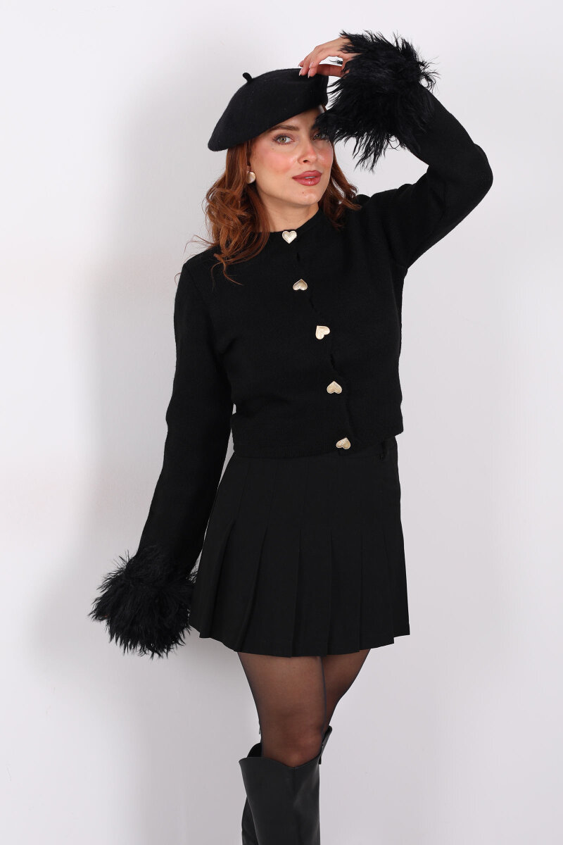 Kalp Düğmeli Kolu Püsküllü Triko Siyah Kadın Hırka - 4