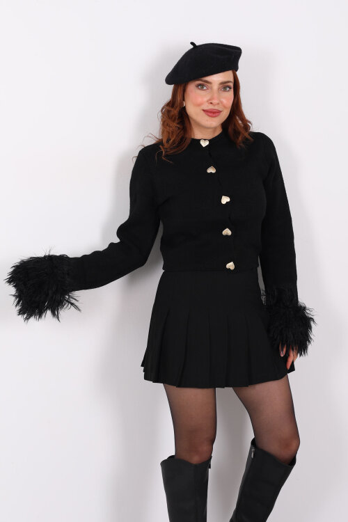 Kalp Düğmeli Kolu Püsküllü Triko Siyah Kadın Hırka - 6