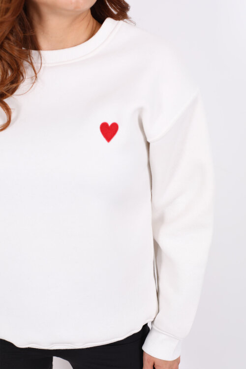 Kalp Nakışlı Beyaz Kadın Sweatshirt - Berox (1)