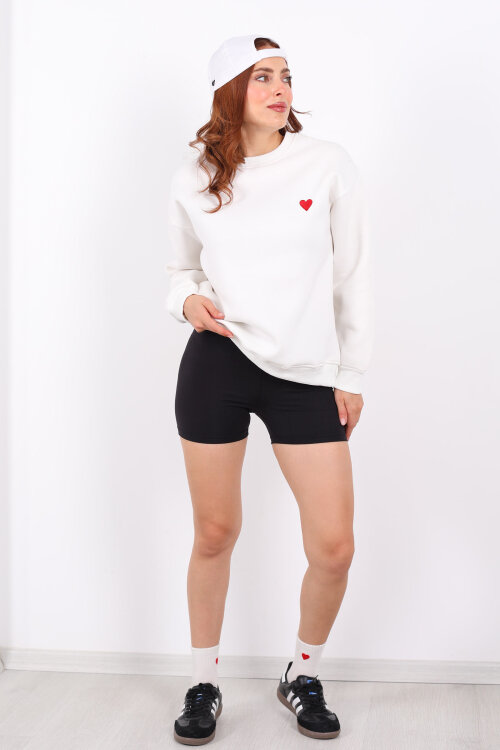 Kalp Nakışlı Beyaz Kadın Sweatshirt - 3