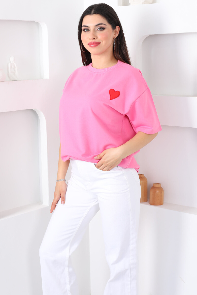 Kalp Nakışlı Bisiklet Yaka Oversize Pembe Kadın T-Shirt - 5